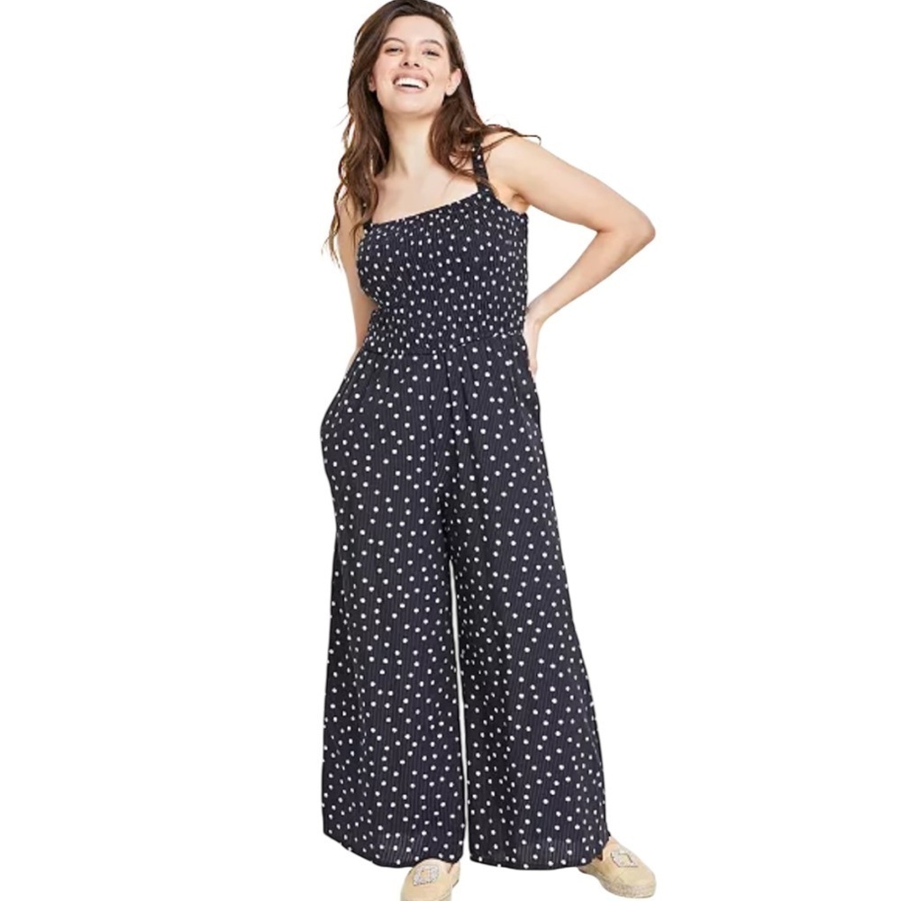 On 34th Women's Smocked Square-Neck Polka Dot Black & White Jumpsuit Size XL